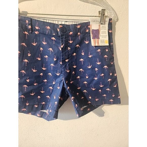 Caribbean Joe Shorts Womens 4 Blue Flamingo Print Classic Fit Pocket Beach NWT - Picture 2 of 4